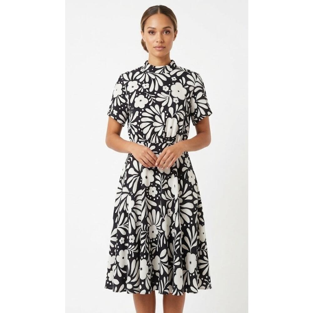 ANN TAYLOR Women's Floral Midi Dress Large Polyester Black White Retro